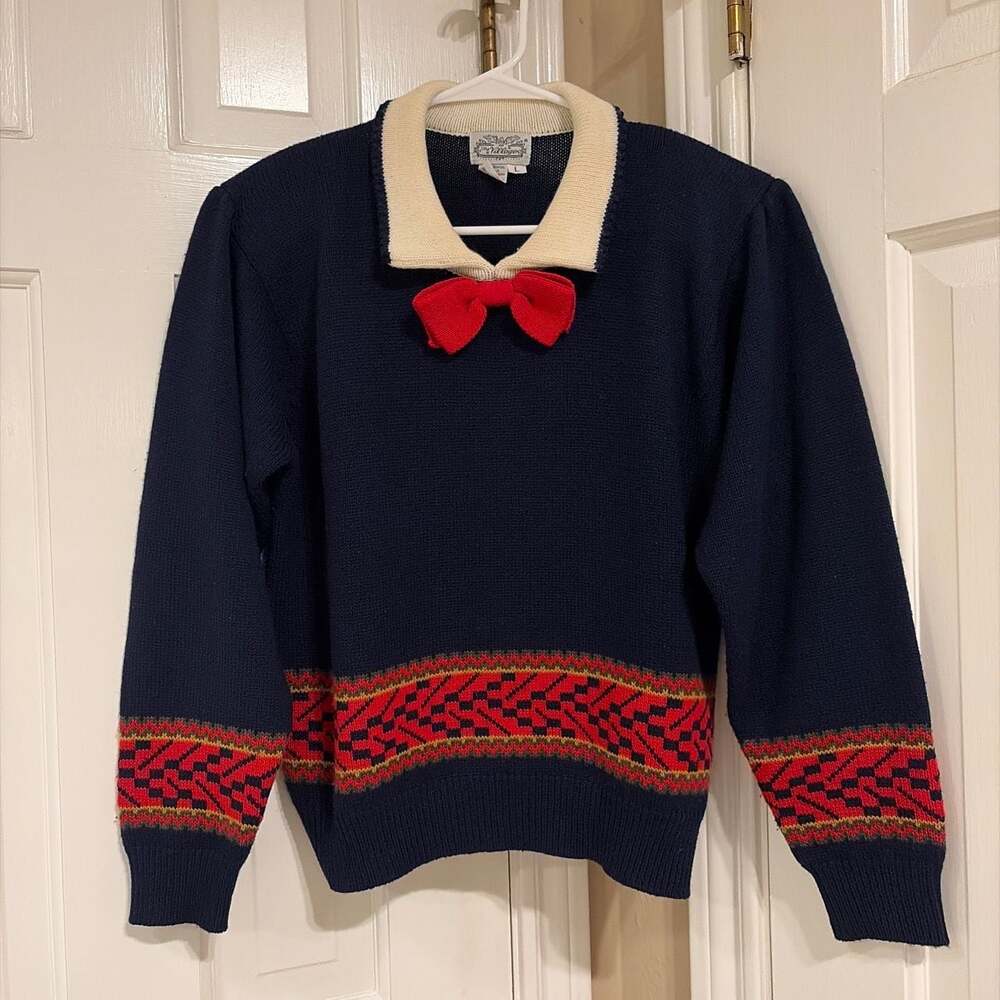 The Villager Vintage Navy Blue Lambswool Blend Collared Sweater with Red Bow